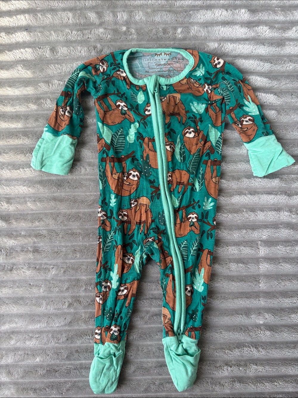 Little Sleepies Teal and Brown Sloth Print Footed One-Piece
